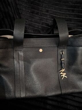 Michael Kors Black Leather Tote Bag with Gold MK Charm